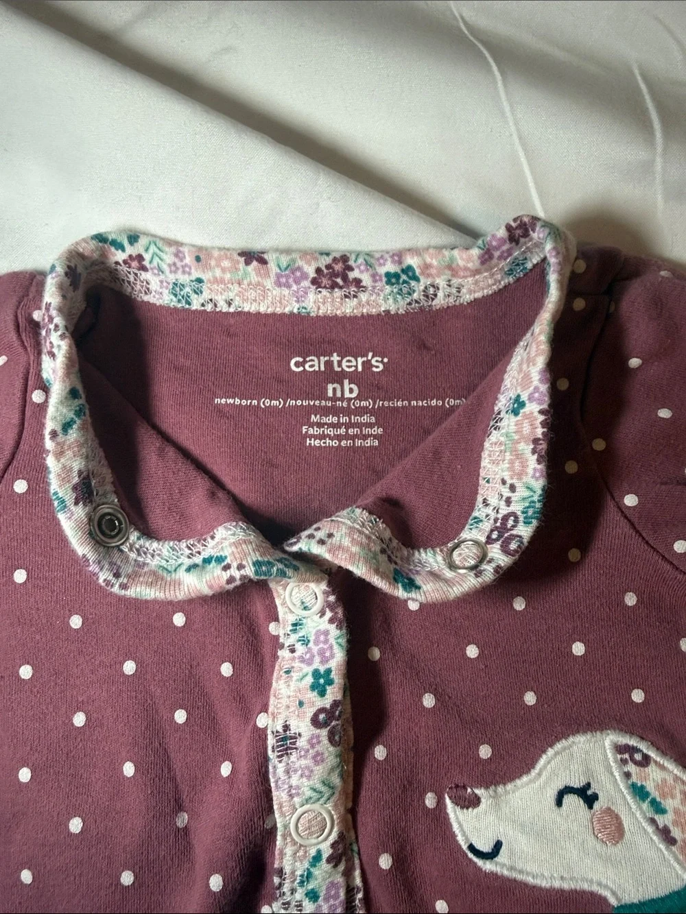 Carters Girls' Plum Polka-Dot One-Piece Footed Pajamas with Floral Trim